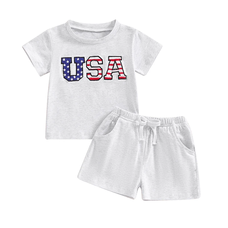 

SUNSIOM Baby Boy Summer Outfit Letter Embroidery Short Sleeve Tops with Solid Color Elastic Waist Shorts for 4th of July