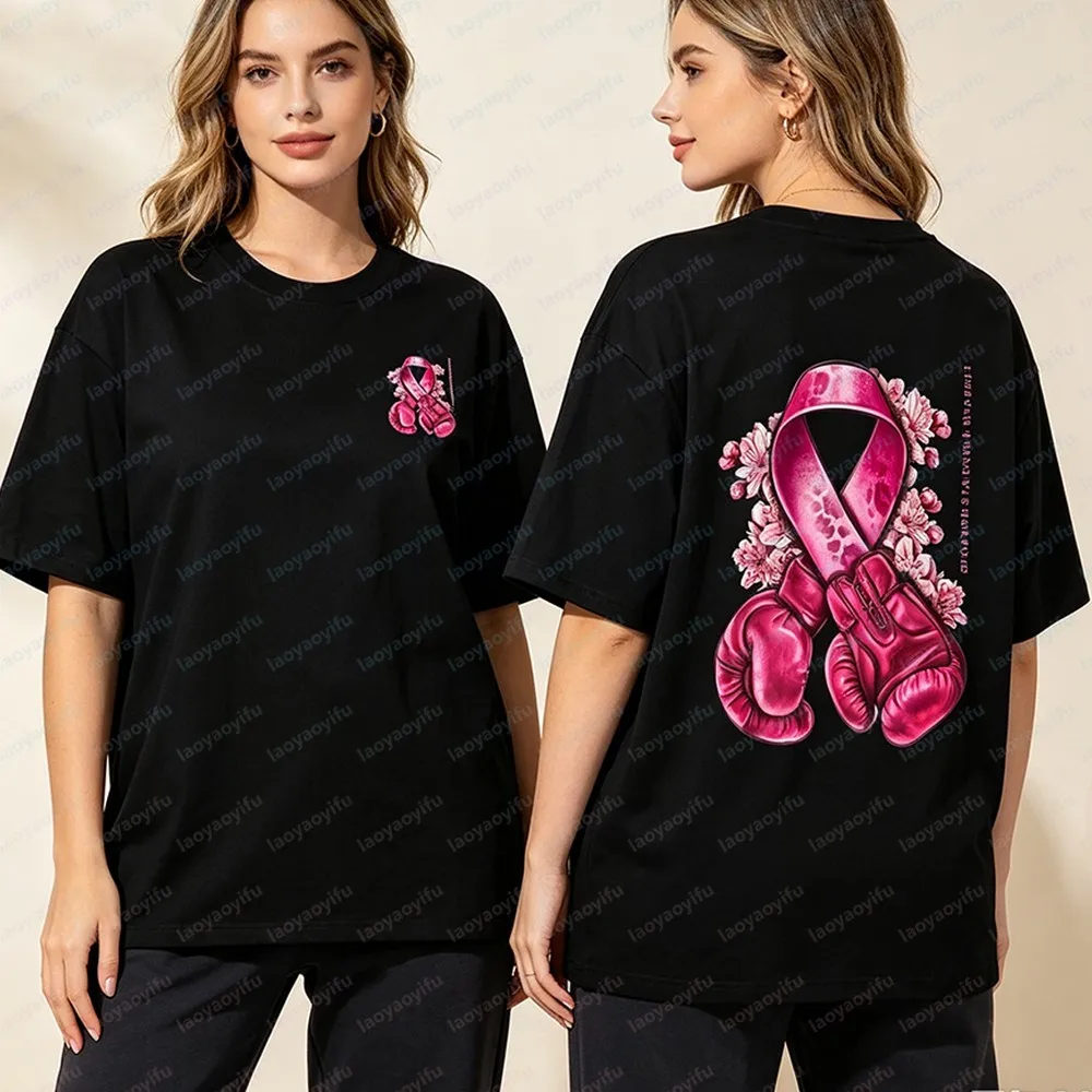 Pink Boxing Gloves Ribbon Tee Floral Support Strength Women Fashion Top Pink Ribbon Breast Cancer Awareness Tshirt Survivor Gift