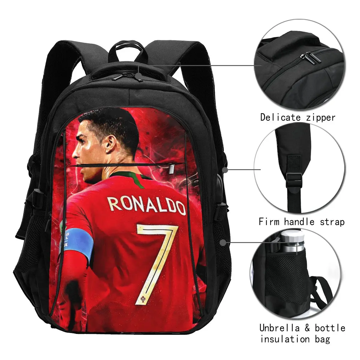 Football Player CR7 Soccer Travel Laptop Backpack, Business Water Resistant Laptop Backpack with USB Charging Port, College Bag