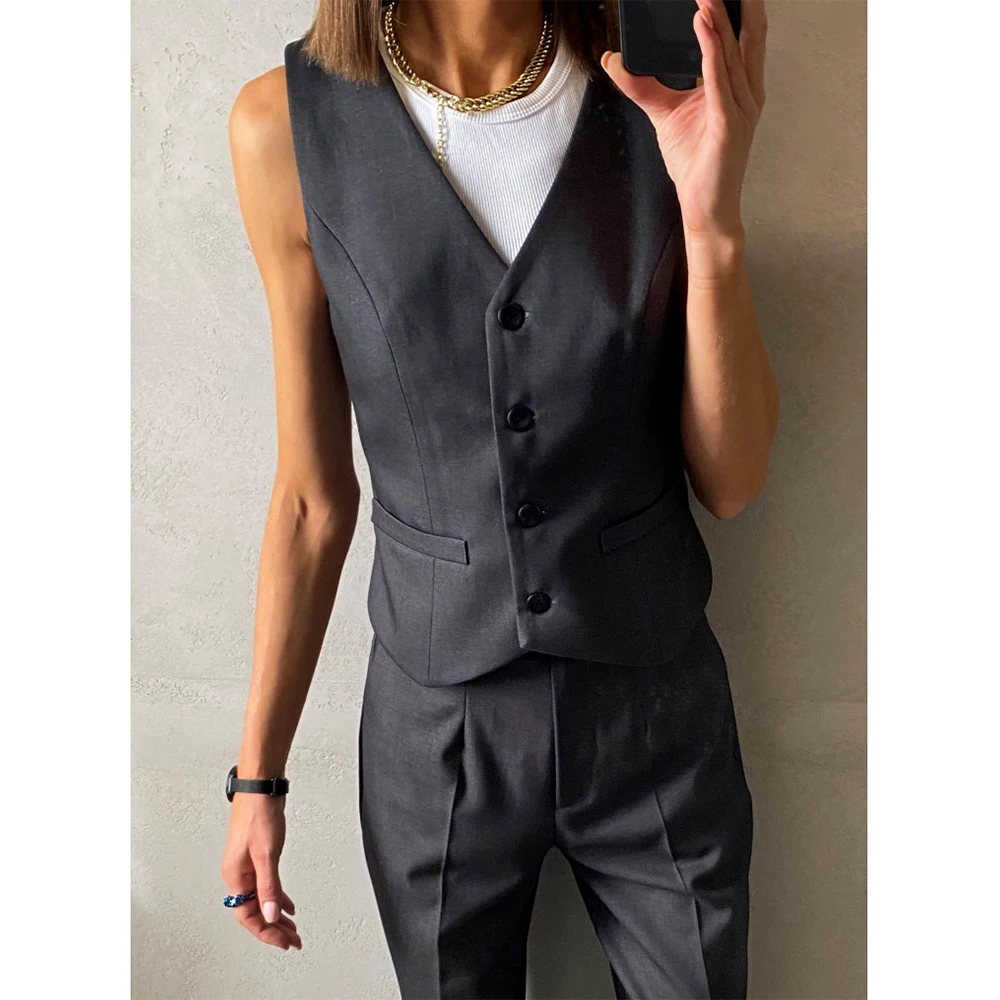 Casual Women's Quilted Vest Women Vest Suit Black Collarless 4 Button Single Breasted Waistcoat for Special Events Suit Vests