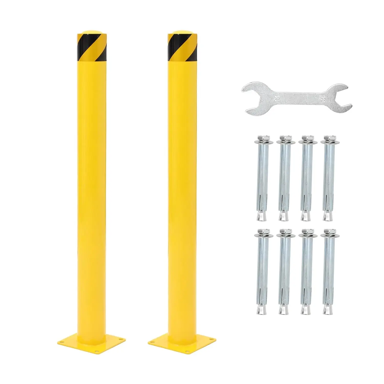 TWISTER.CK 2-Pack Safety Bollards, 36-Inch Tall Steel Bollard Posts, 4.5-Inch Diameter, Yellow Pipe Safety Bollards with 8 Anchor Bolts for Traffic-Sensitive Areas