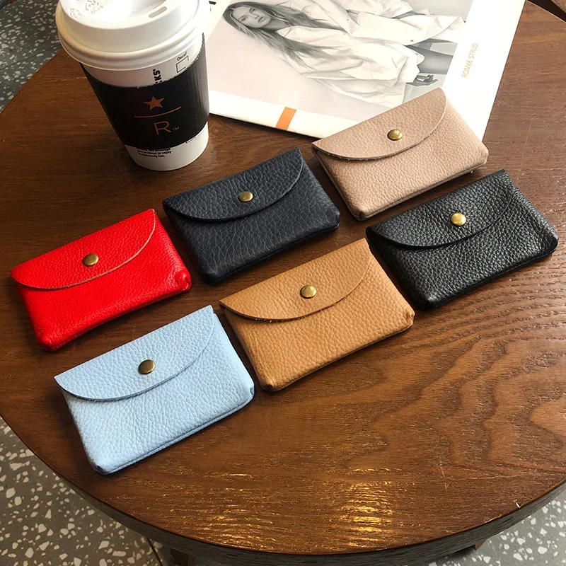 Genuine Leather Mini Envelope Wallet Coin Purse Simple Buckle Cowhide Large Capacity Card Holder Small Change Bag