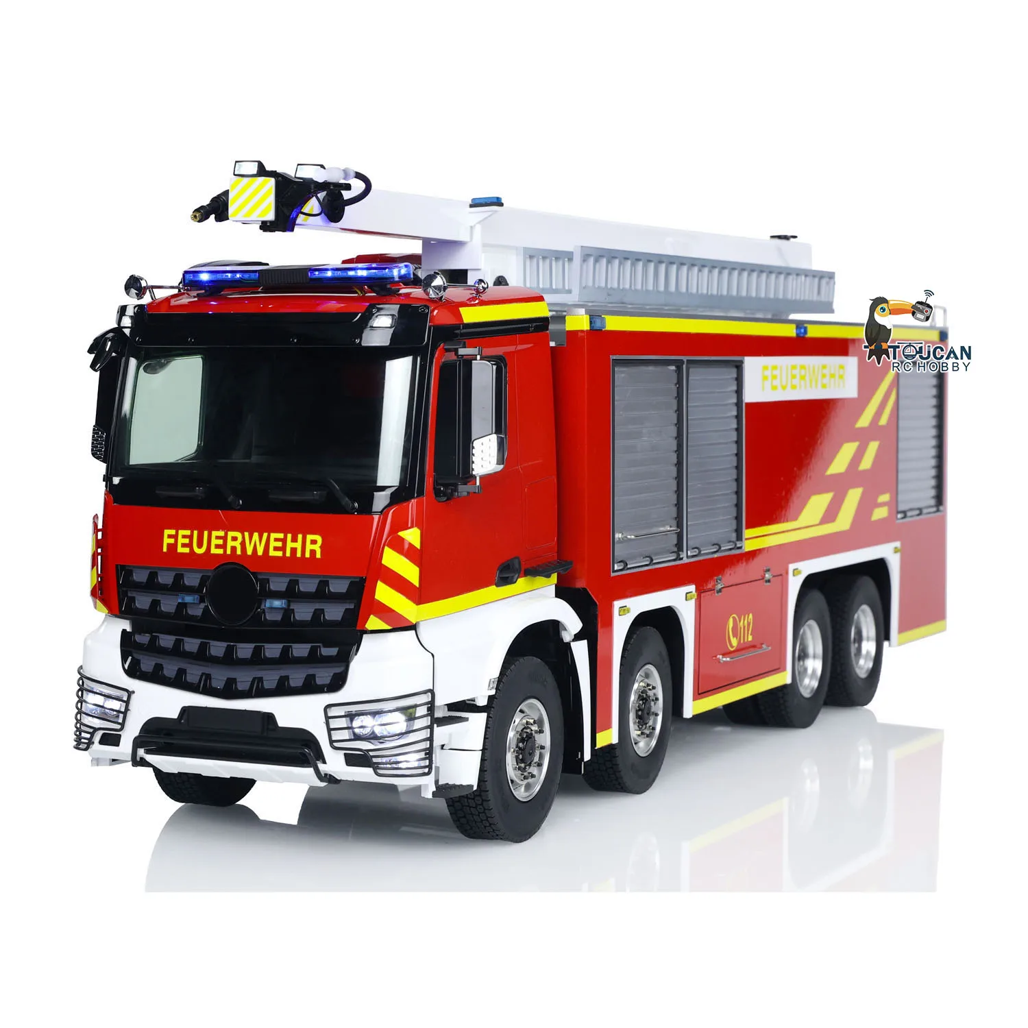 New 1/14 RC Fire Truck 8x4 RTR 3363 Metal Chassis Snozzle High-reach Extendable Turret Fire Truck Sound Light System Toys Gift