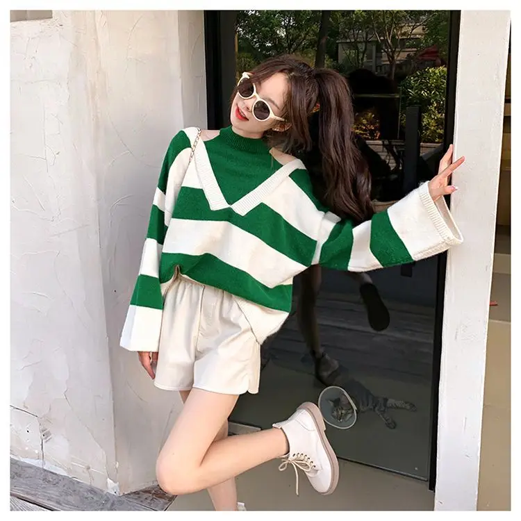 

Off Shoulder Striped Fashion Sweater Knitted Sweater Women's Sweater Striped Color Matching Loose Temperament Long Sleeve B80