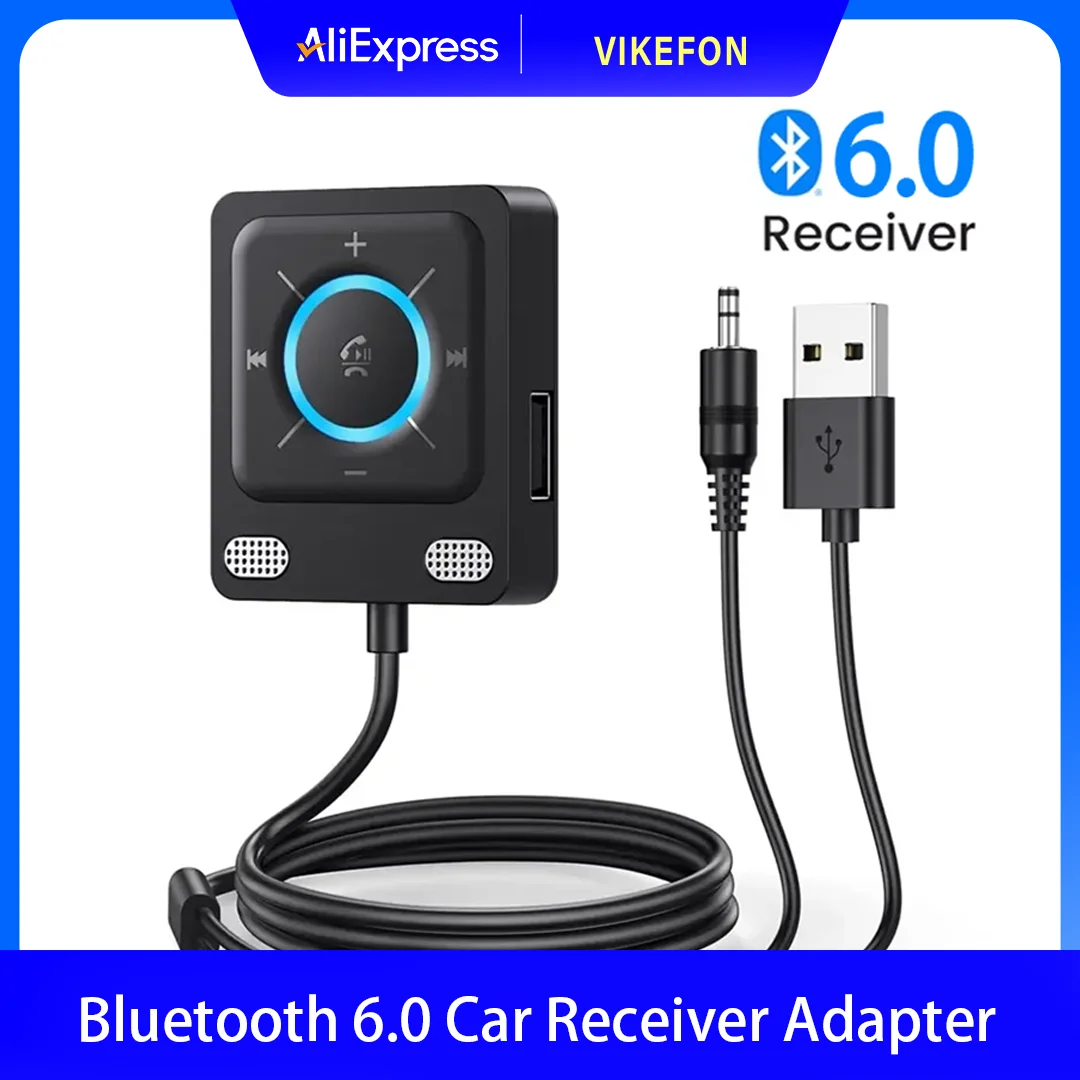 AUX Car Adapter Bluetooth 6.0 Stronger Dual Mics & Noise Cancellation Bluetooth Receiver For Car Music/Hands-Free Calls