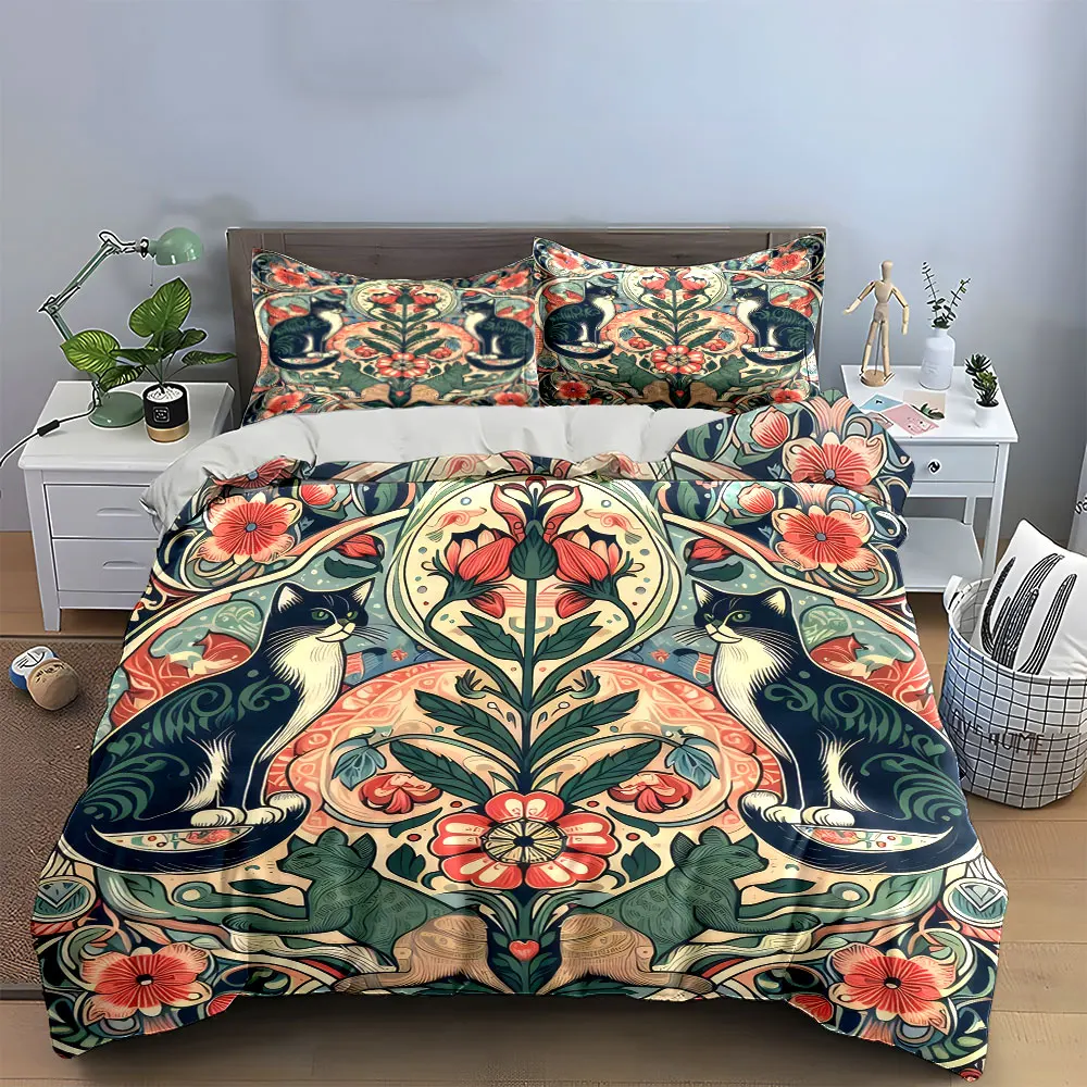 3Pcs Art Nouveau Cat Bedding Set, Black and White Tuxedo Cats with Floral Print Duvet Cover + 2 Pillowcases, Vintage Decor