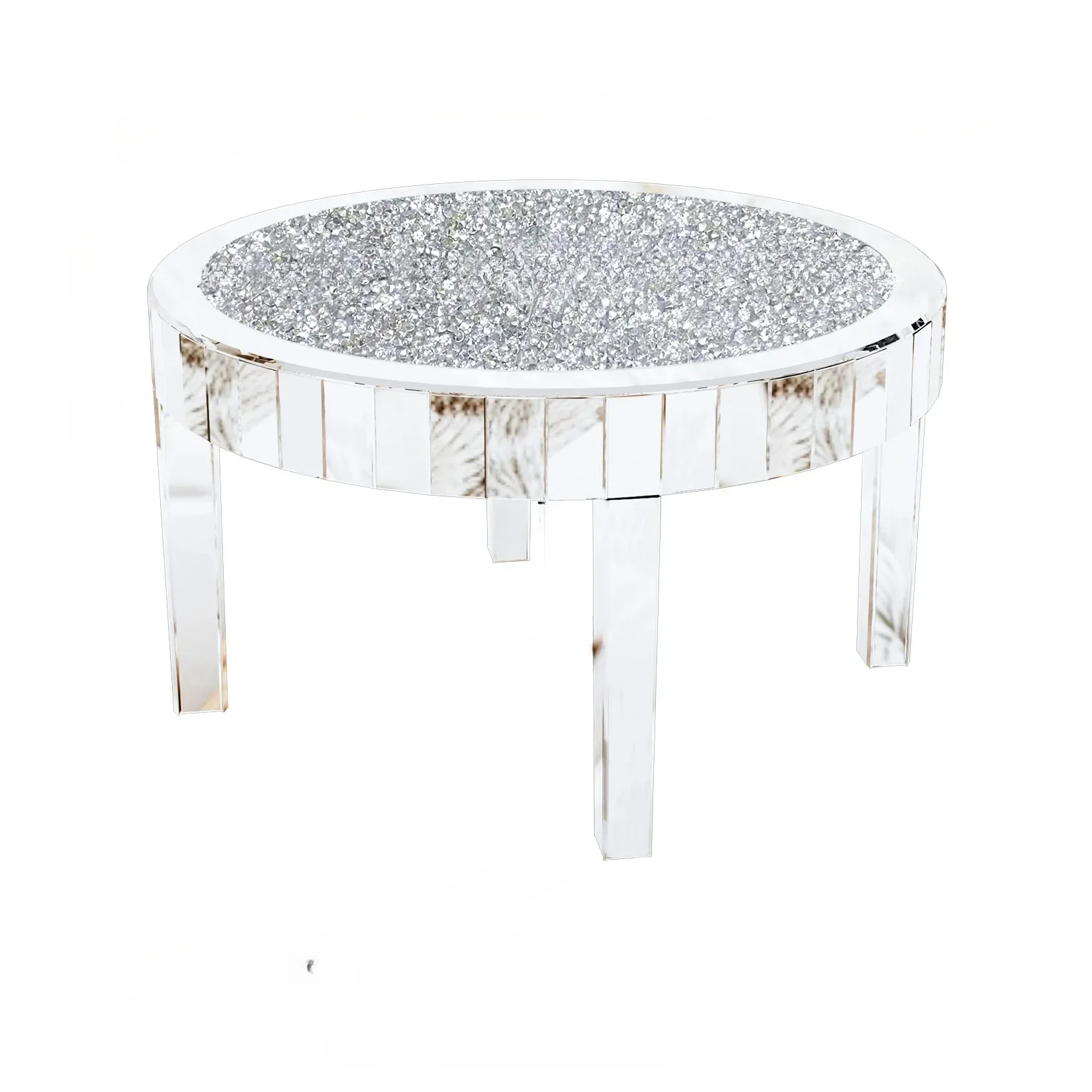 Large Round Mirrored Coffee Table Beveled Bling Crushed Diamond End Table