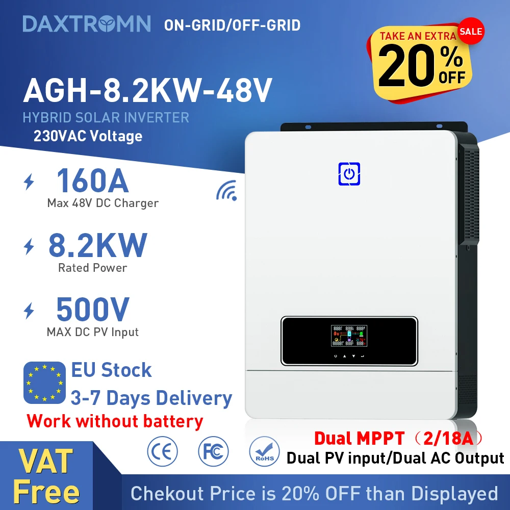 Daxtromn 2 AC Output 8kw 8.2KW Hybrid Solar Inverter Pure Sine Wave 220VAC 48VDC Input 160A MPPT Solar Charger 8000w 8200w