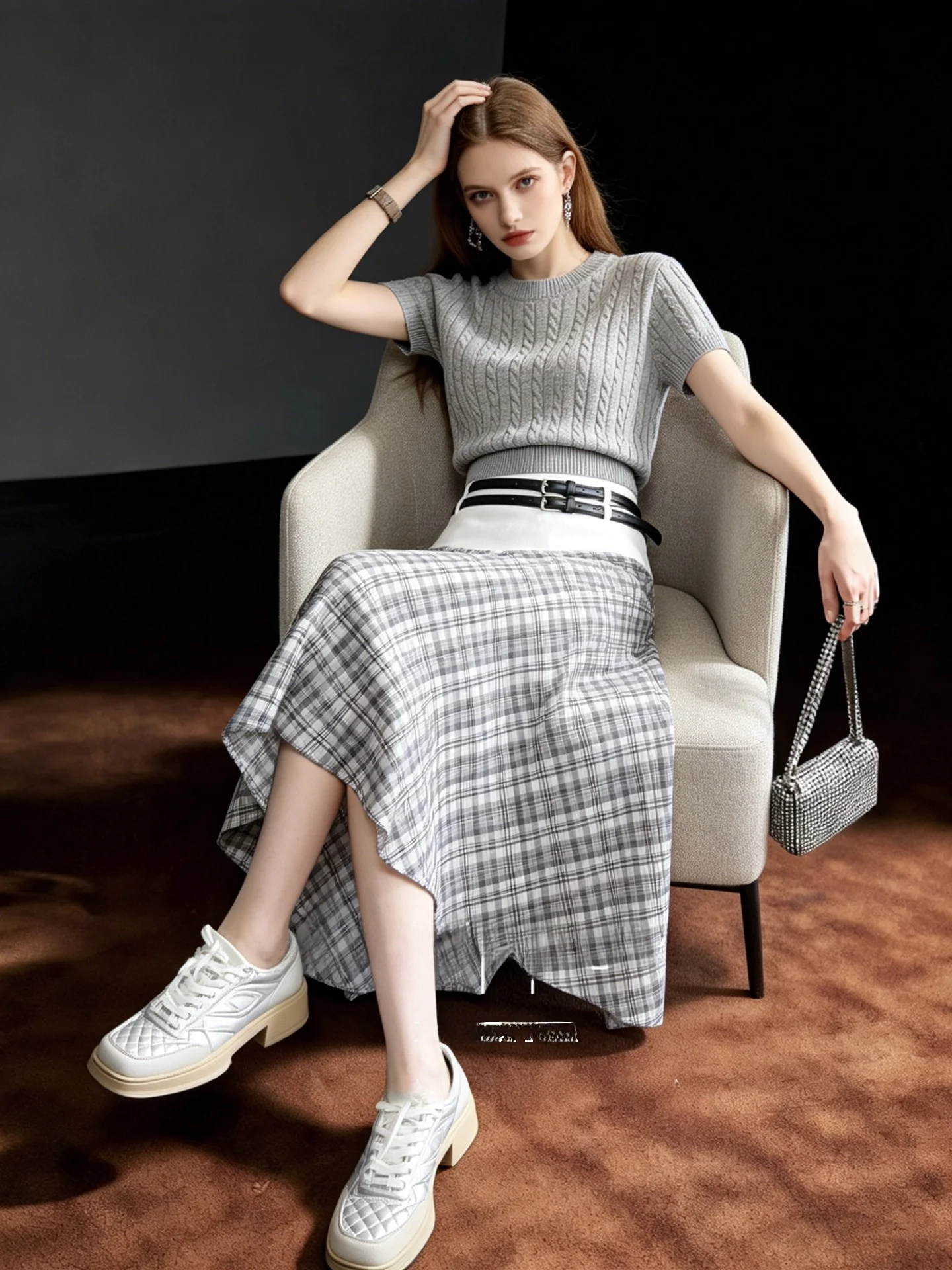 Huaappuw Irregular Plaid Midi Skirt Women's Summer New Splicing Double Belt A-Line Skirt City Commuting Daily Travel