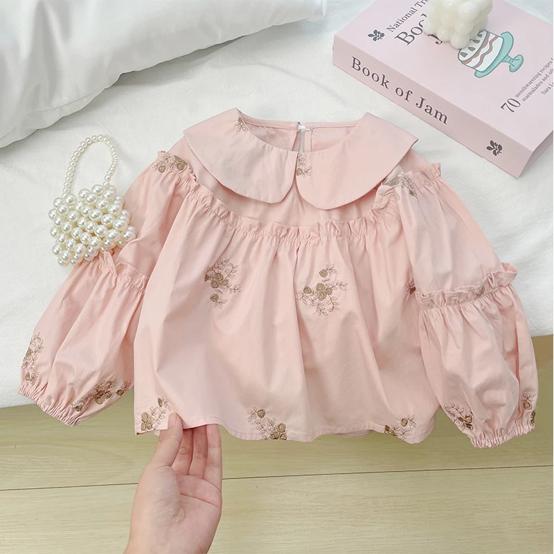Girls' Shirt 2026 New Children Spring and Autumn Baby Shirt Top Little Girl Western Style Flower Embroidered Shirt