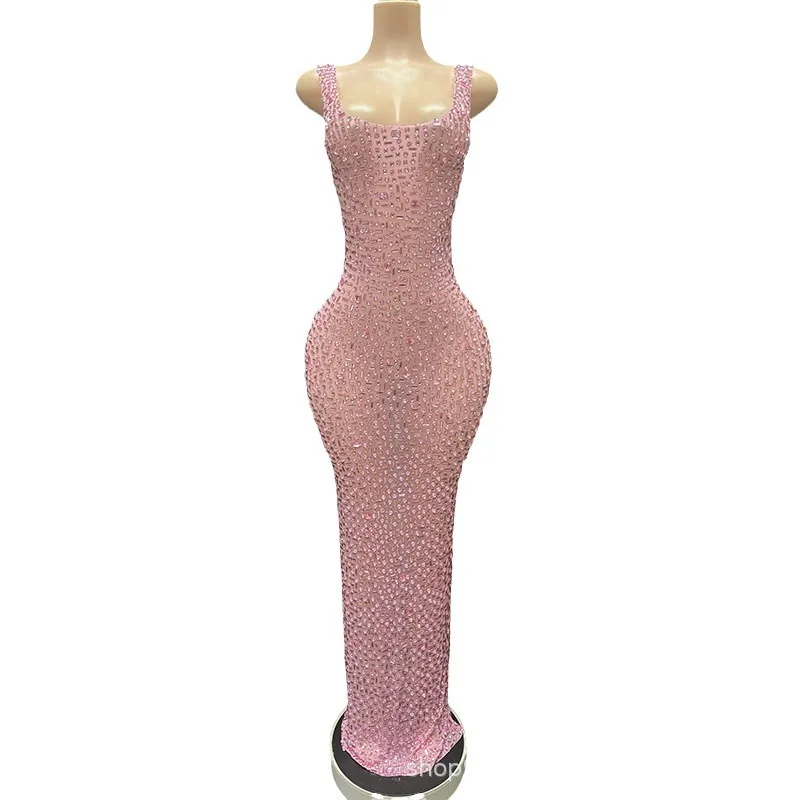 

Pink Bright Diamond Low Cut Sexy Engagement Bridal Dress Birthday Party Evening Dress Live House Vestidos Invitada De Boda Mujer