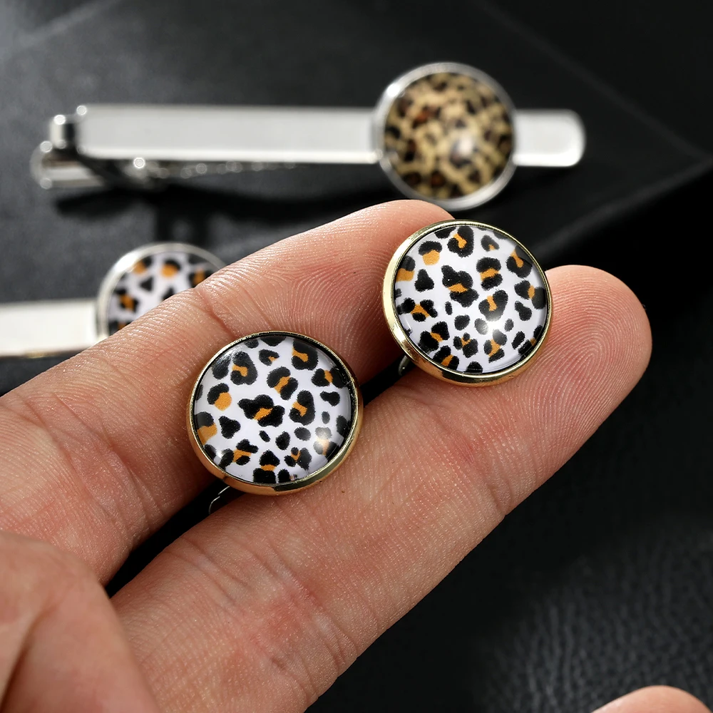 مضحك رجل ليوبارد طباعة نمط جولة أزرار أكمام وربطة عنق كليب مجموعة الزجاج كابوشون صورة فنية كم زر