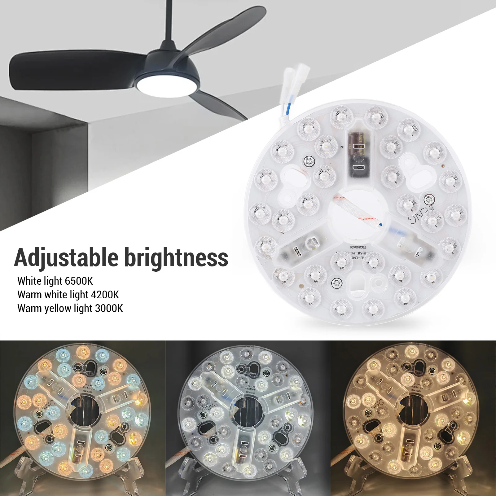 5,3-Zoll-LED-Licht-Nachrüstsatz, Deckenventilator, LED-Licht, 95 bis 265 V, 3000 K, 4200 K, 6500 K, 3 Farben, dimmbare Speicherfunktion für Zuhause