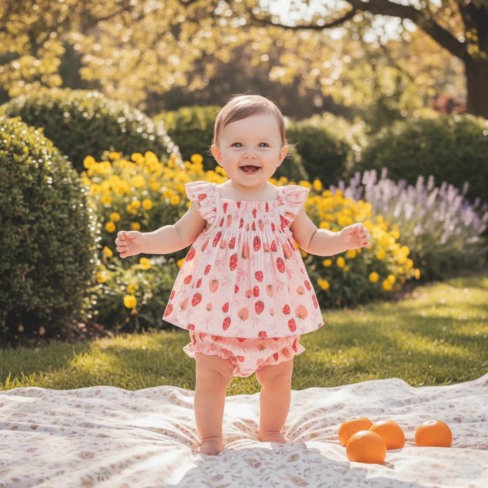 Toddler Girl Cute Summer 2Pcs Outfit Ruffled Fly Sleeve Square Collar Strawberry Bow Print Tops and Elastic Waist Shorts Set
