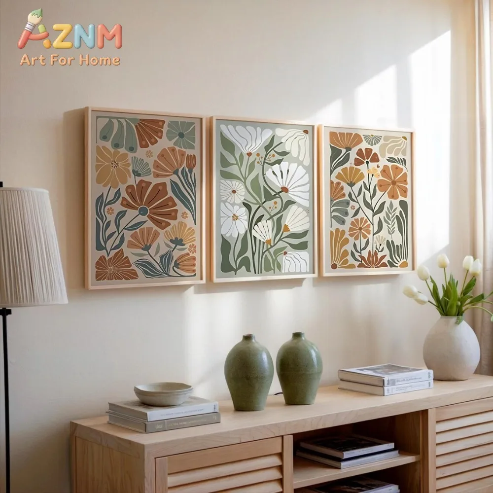 3-teiliges rahmenloses Set im Bohemian-Stil, Matisse-Stil, Blumenkunstdruck, abstrakte Pflanzen-Leinwand-Wanddekoration, Wohnzimmer-Dekoration