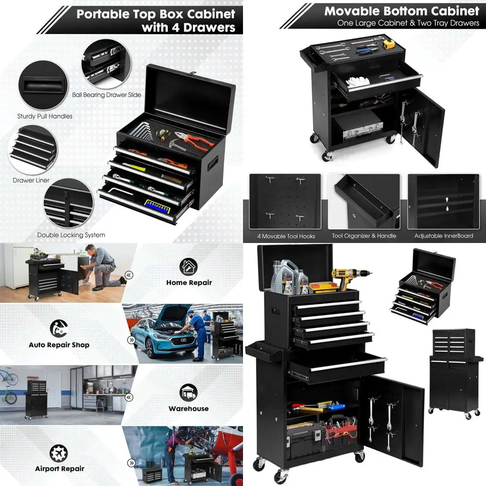 

Heavy-Duty 5-Drawer Metal Tool Chest on Lockable Wheels with Detachable Box, Hooks, and Liner for Garage & Workshop Storage in B