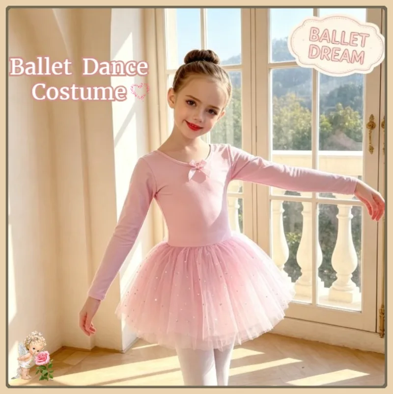 Girls Ballet Sequined Tulle Dress Long Sleeve Purple Dance Costume Soft Comfortable Daily Practice Stage Casual Dance Outfit