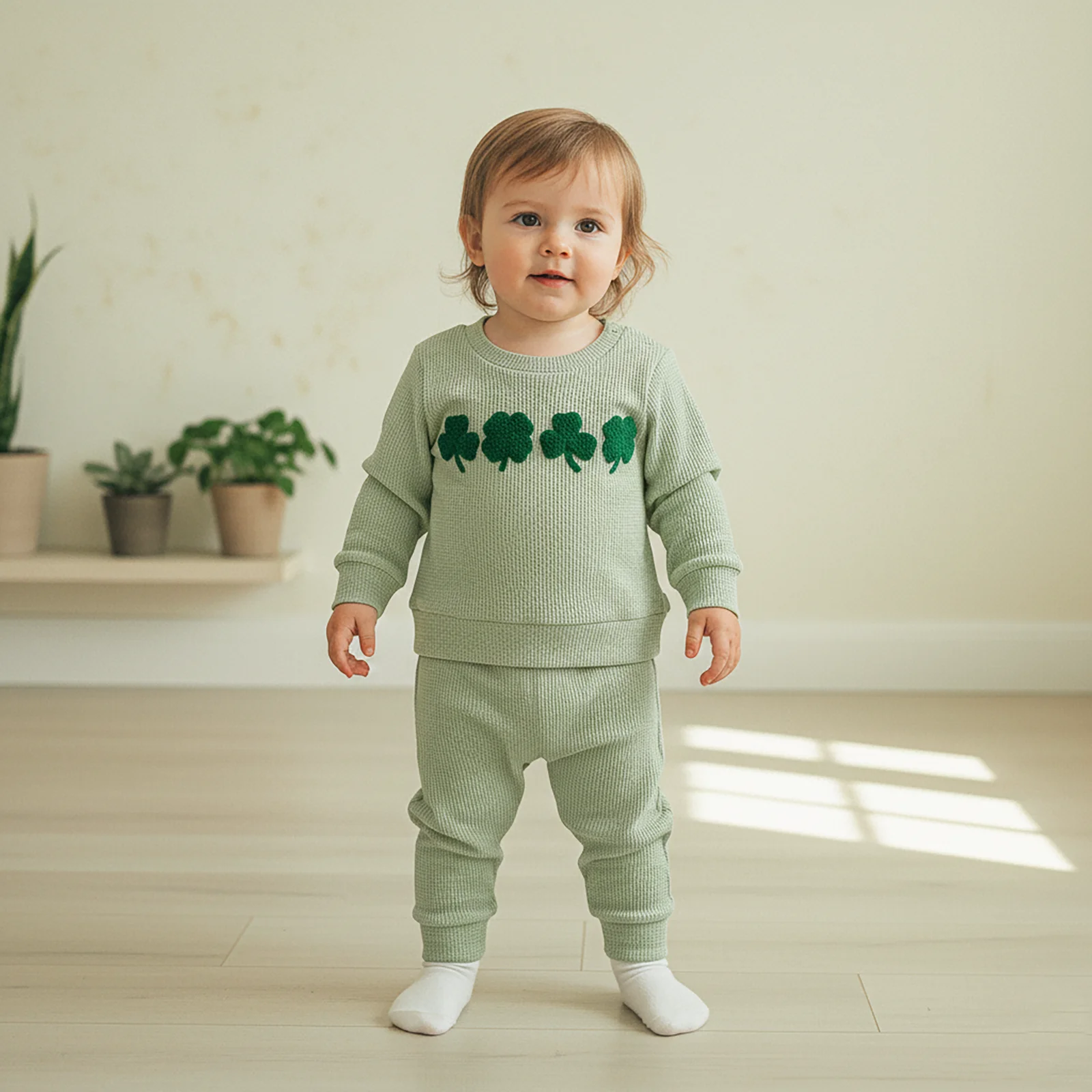 ملابس الأطفال الصغار مجموعة ملابس أيرلندية بأكمام طويلة بلوفر مطرز شامروك مع بنطال مكون من قطعتين #3