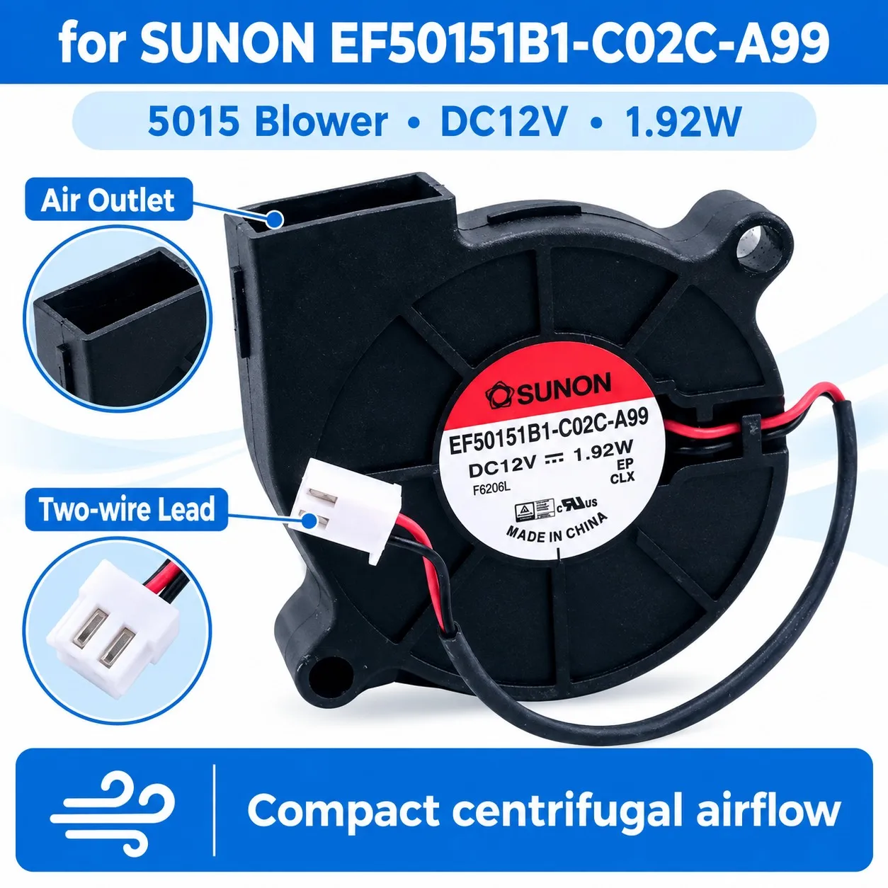 Blower Fan 50x50x15mm 5015 12V, 1.92W, Dual Ball Bearing, Turbo for Humidifier, Cooling for Sunon