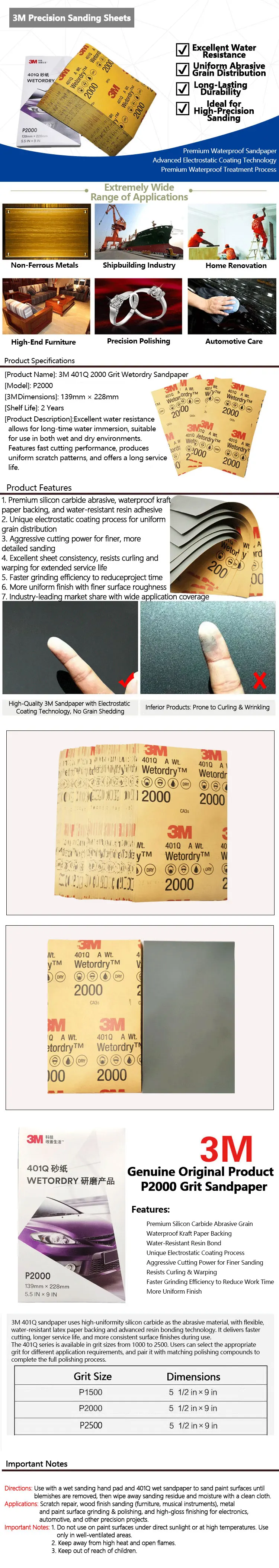 3M 401Q Nass-Trocken-Schleifpapier 2000er Körnung Wasserfestes Schleifpapier für Autolack-Kratzer Schleifen Polieren Pflege 1500 2500 – Detail 1