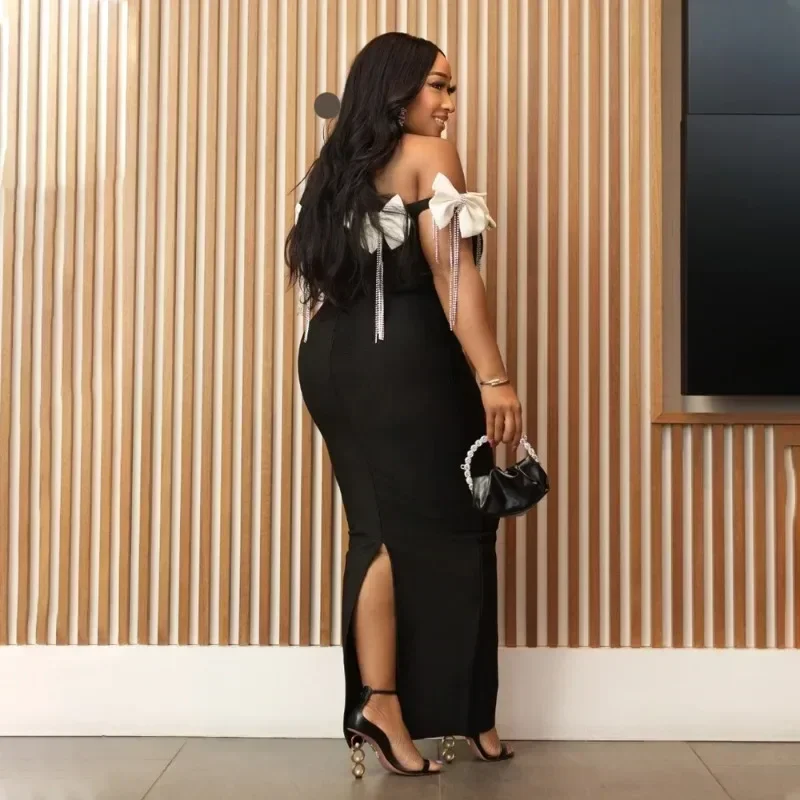 GUWU ฤดูใบไม้ร่วง Rhinestones พู่ Strapless Bow ผู้หญิงแขนกุดชุดยาววันเกิดชุดราตรีชุด Maxi