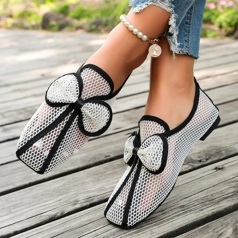 Mesh-Hohlschuh mit Schleife, Ballerinas für Damen, Frühling, Weiß, Schwarz, Atmungsaktive Slip-On-Schuhe, Flache Schuhe, Damen-Freizeitsandalen – Detail 9