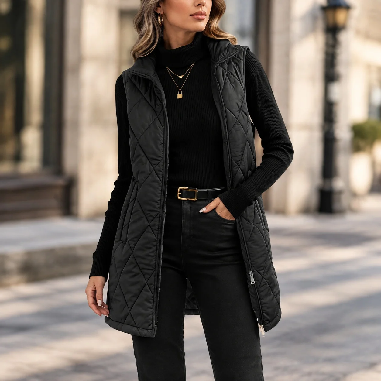 Stand Collar Coat Quilted Mid Length Elegant Commuter with Winter Diamond Pattern Mid Long Length Winter Vest Casual Women Vest