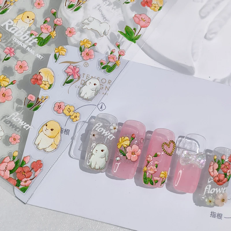 Autocollants de dessin animé de lapin de belles fleurs, 5D, doux, gaufré, Charleroi, ps, auto-adhésif, Nail Art, mignon, 3D, manucure, décalcomanies, vente en gros