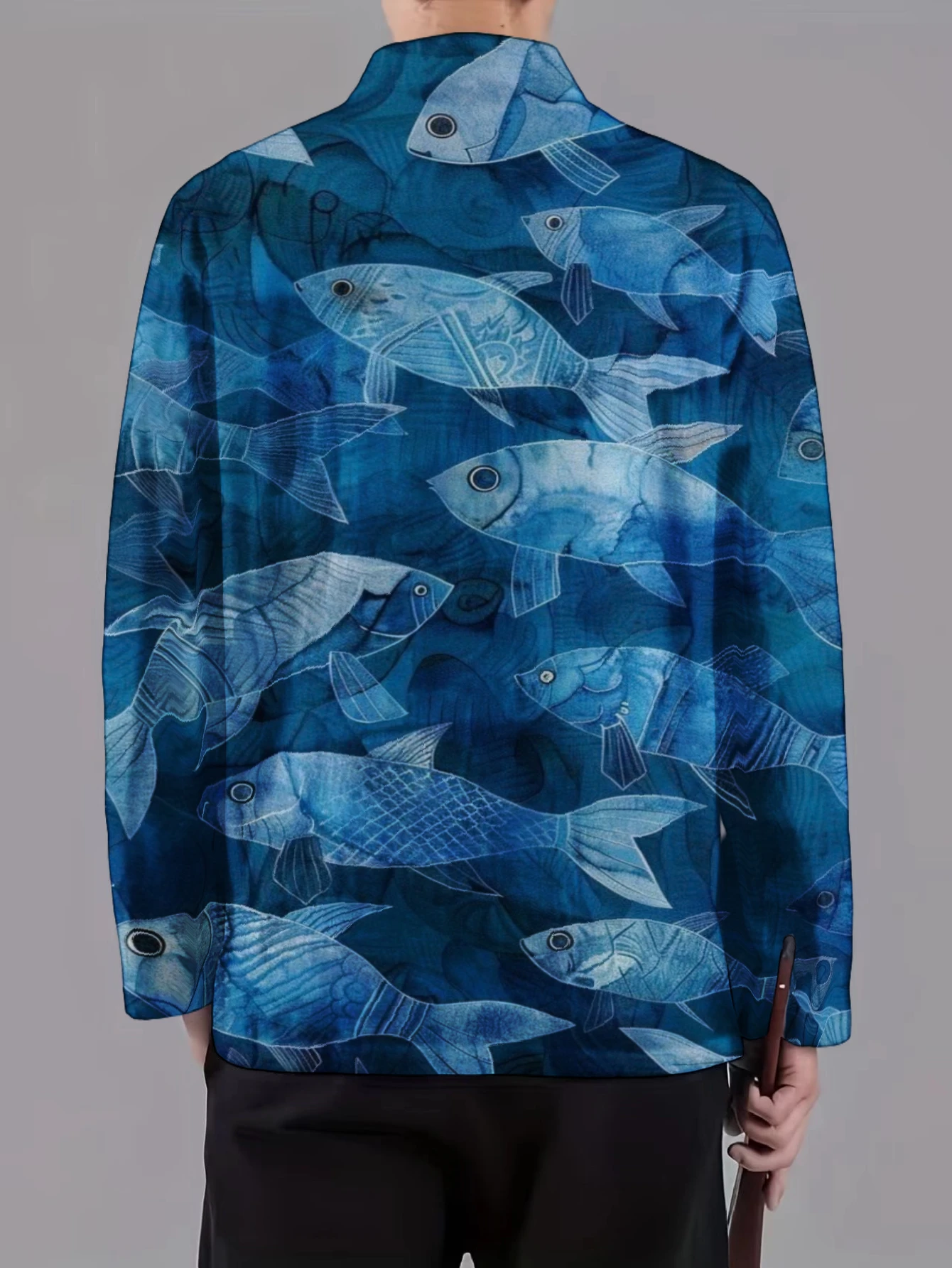 Men Retro Chinese Tang Suit Coat Mandarin Collar Frog Button Blue Fish Pattern Print Long Sleeve Casual Outer Jacket For Daily W