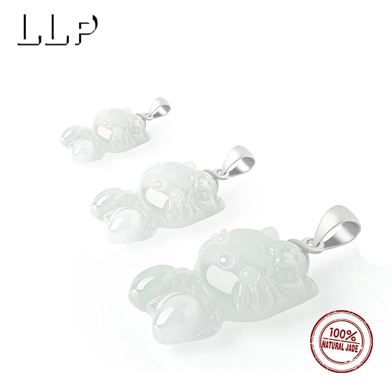 

Серебряный комплект S925 с натуральным бирманским жадеитом, кулон с мультяшным котом, модный счастливый шарм для девочек, подарки на фестиваль