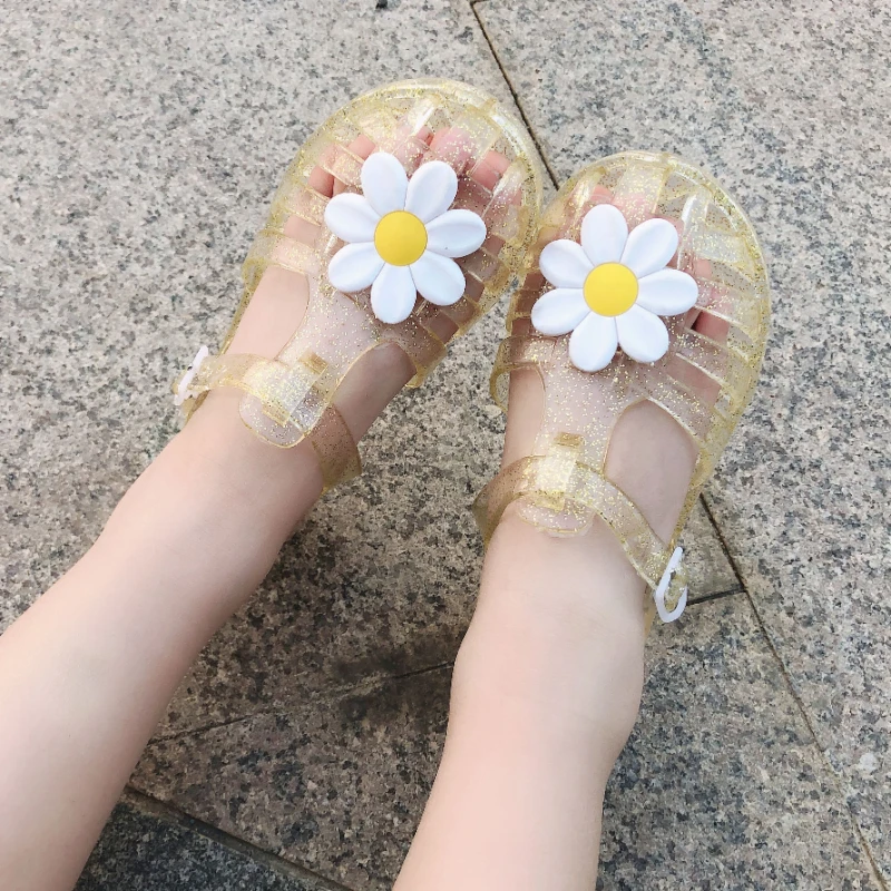 Child Shoe Hollowed Shoe Girl Jelly  Baotou Shoes Small Daisy Sandals Soft Soled Baby Casual Shoe Crystal Flower Princess Shoes