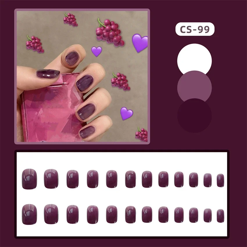 24Pcs/Set Grape Purple Fresh Press on Nail French Simple Acrylic Wearing False Nails Tips Removable Stick Artificial Fake Nails