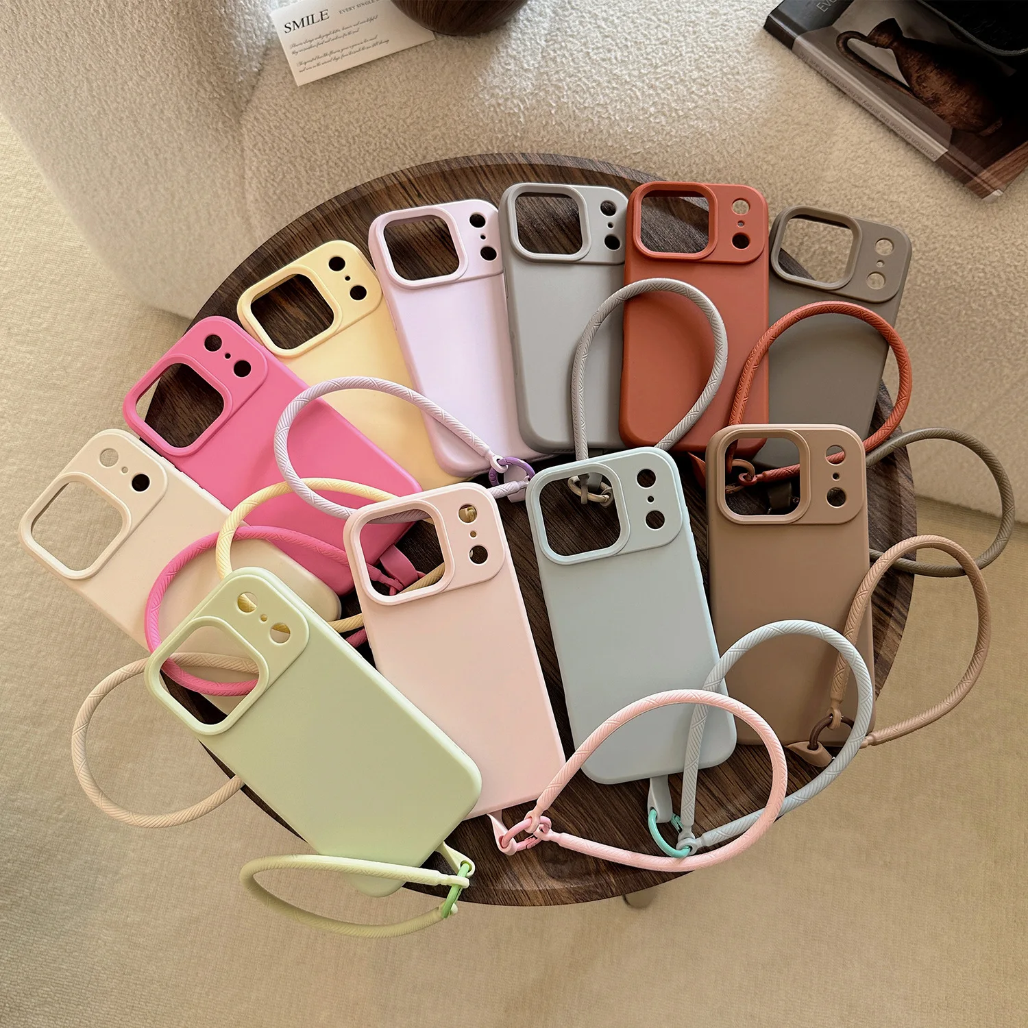 Simple Pure Color Phone Case with Advanced Silicone Lanyard  for iPhone 17 16 15 14 13 12 11 Pro Max High Quality Durable Cover
