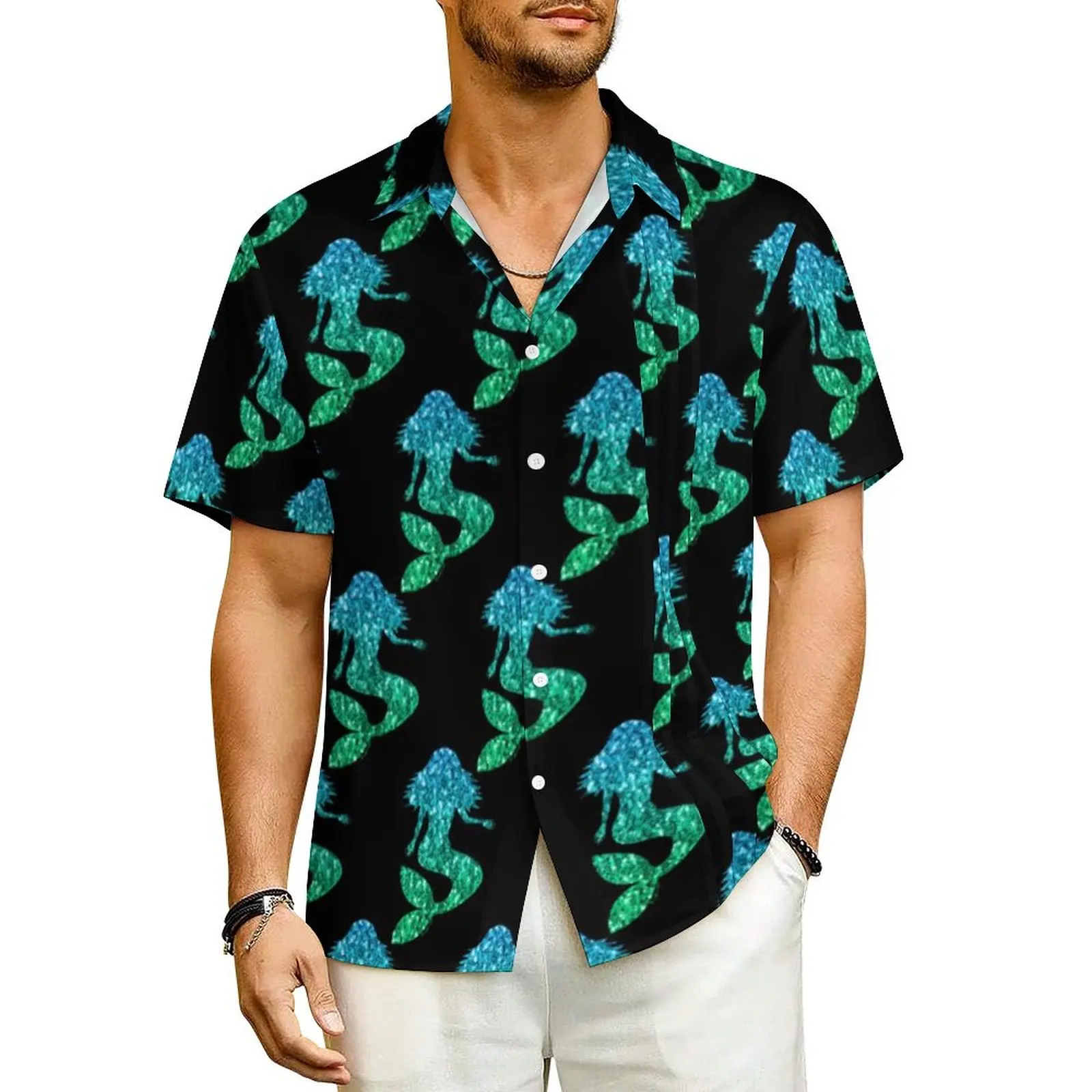 

Ombre Mermaid Hawaiian Shirt For Mens Vacation Sparkles Print Casual Shirts Short-Sleeved Harajuku Elegant Oversized Blouses