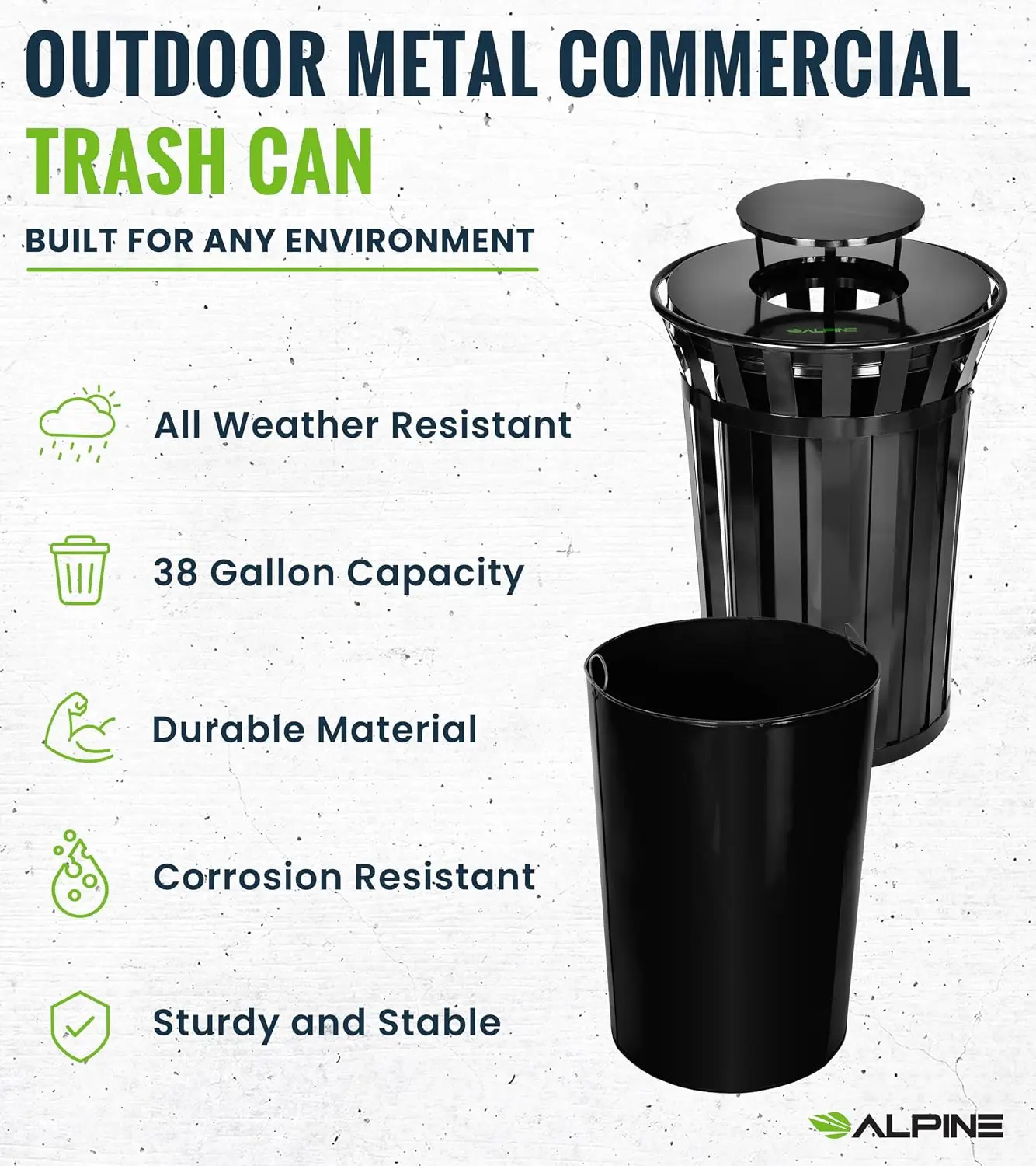 Commercial Outdoor Trash Can - 38 Gallon Heavy Duty Metal Garbage Can with Liner, Flat Lid and Rain Bonnet Lid -, Customized