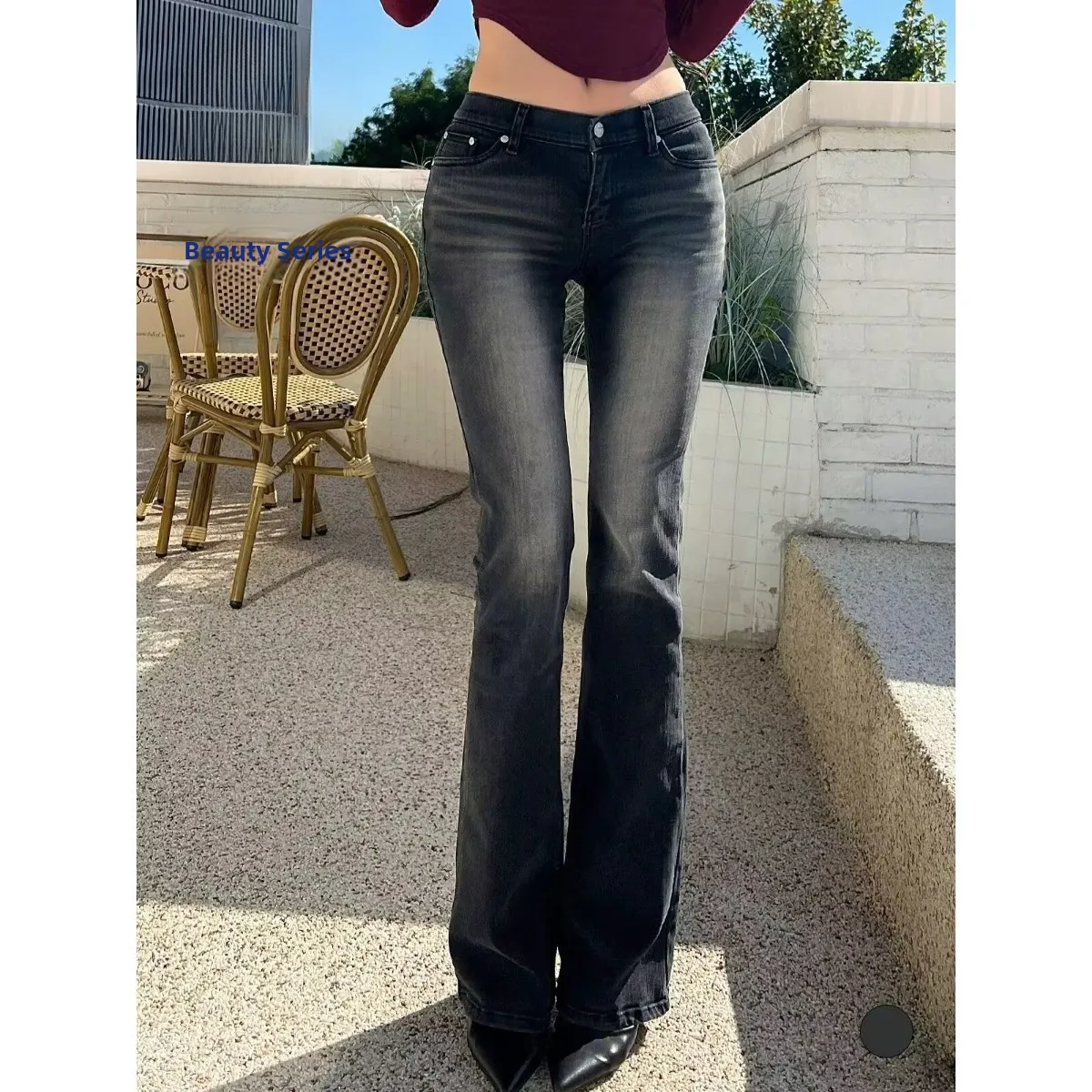 

Джинсы-клеш с низкой талией Dongda Gate, утягивающие, с эффектом подтяжки бедер, черные, из денима, женские, модные, весна-лето-осень-зима