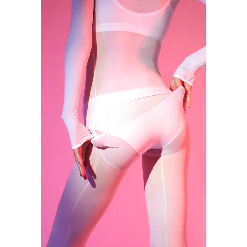 Öl Glänzende Voll Mesh Bodys Frauen Sexy Transparente Körper Strümpfe Langarm Overalls Strumpfhosen Damen Sheer Erotische Dessous