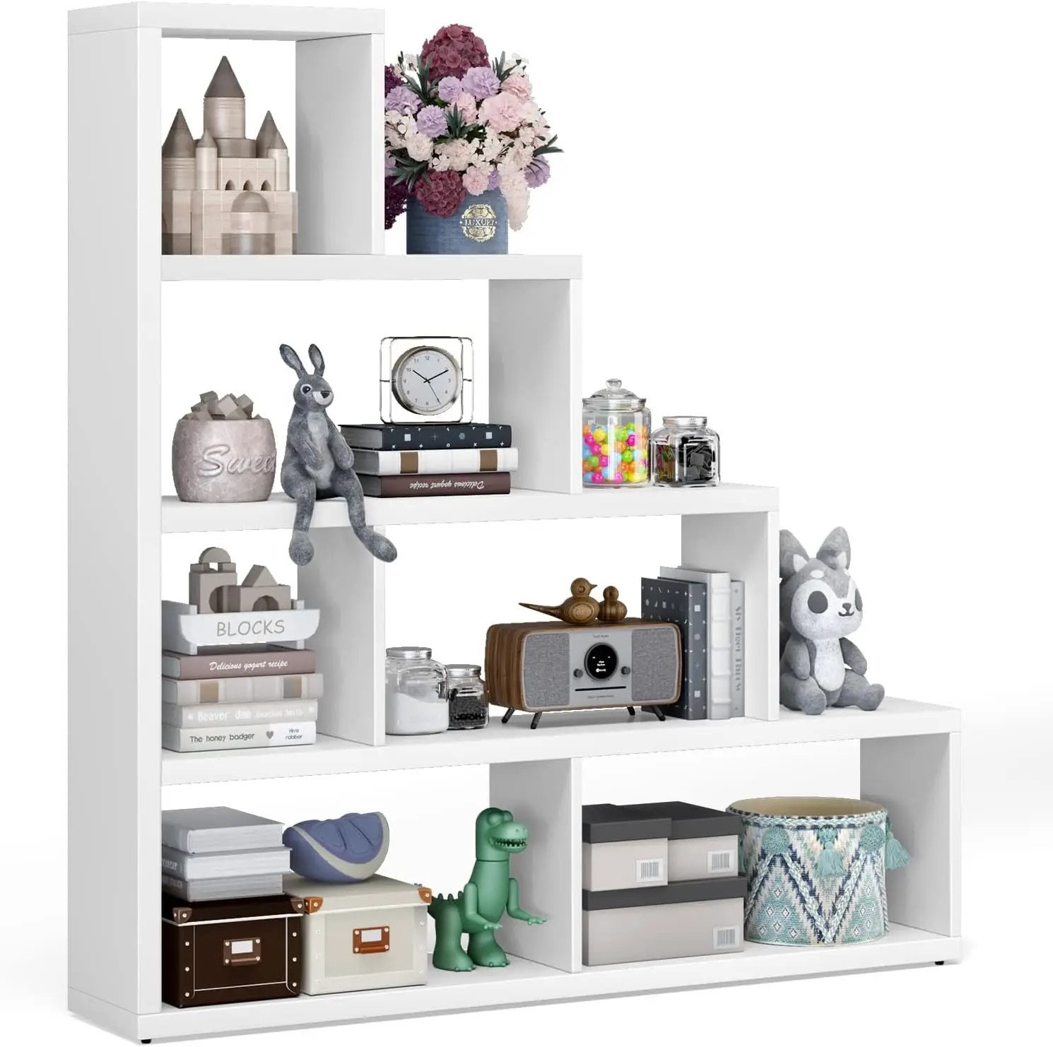 

6 Cubes Bookshelf, Freestanding 6-Cube Stepped Etagere Bookcase, L Shaped Ladder Corner Open Bookshelf, Wood Storage Di