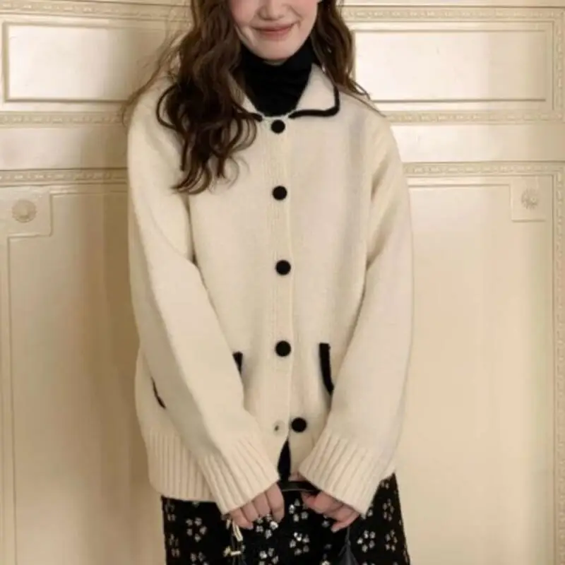 

Весенне-осенний новый вязаный кардиган, женский свитер с отложным воротником, нежный стиль, свободный крой, мягкий, модный, из хлопка.