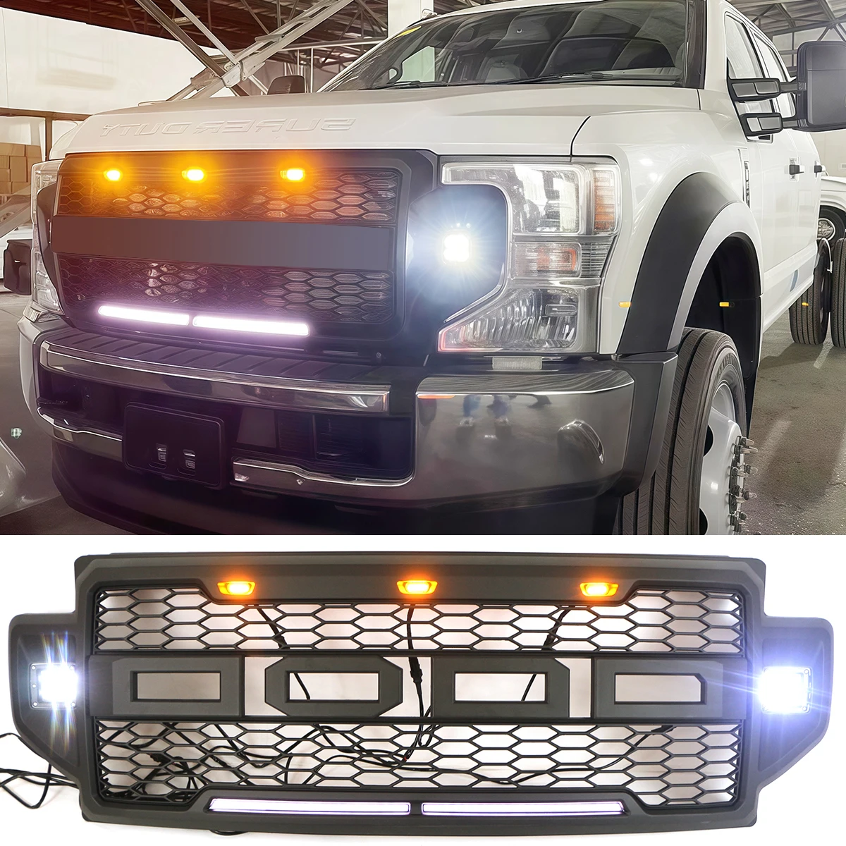 

Front Grille Fit For 2021 2022 Ford F250 F350 F450 Super Duty W/Lower Light Bar Grill