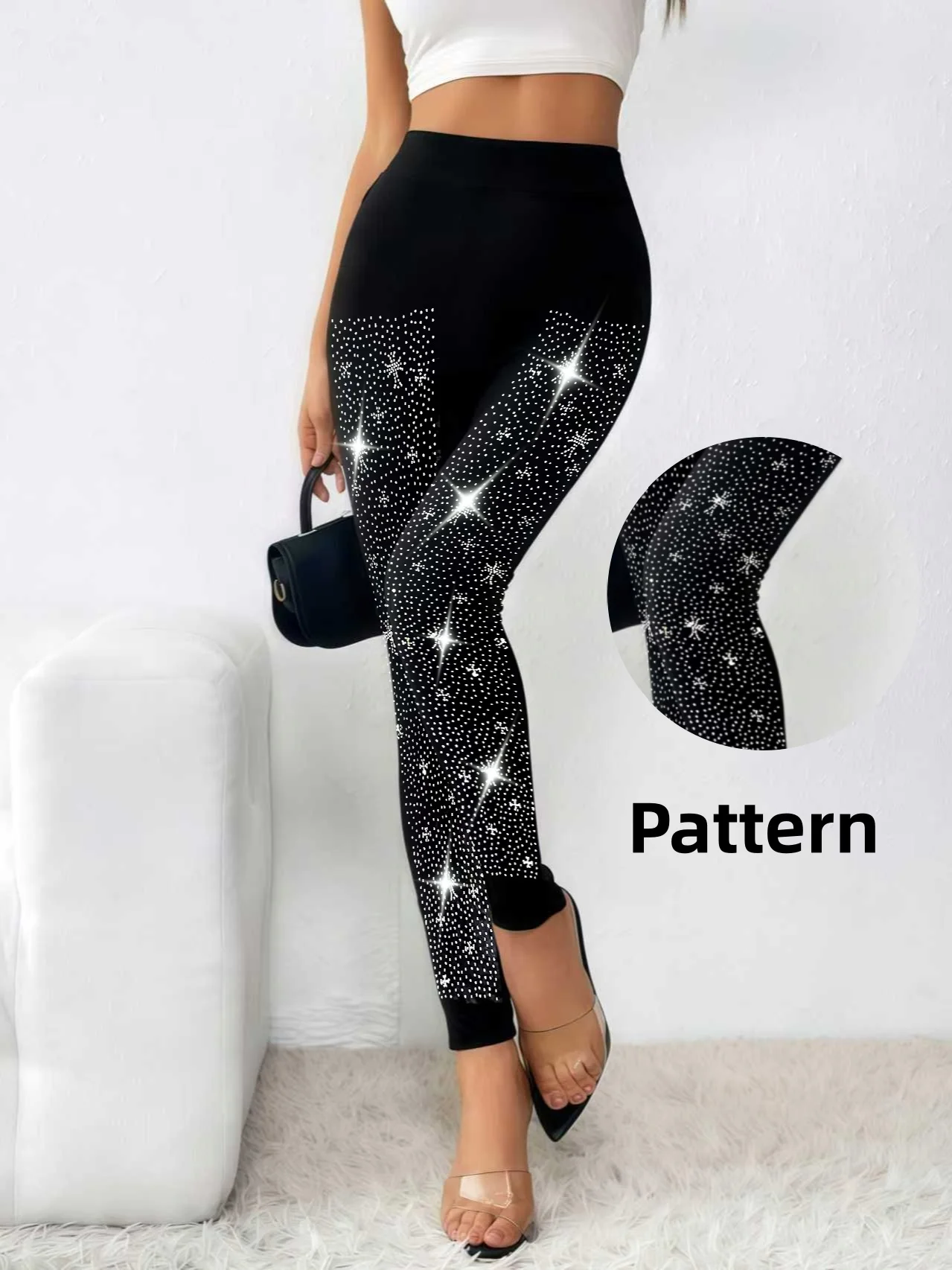 Women's Front Snowflake Full Star Rhinestone Leggings  High Waist Shiny Knit Versatile Breathable Nine Point Pants Party Outfit