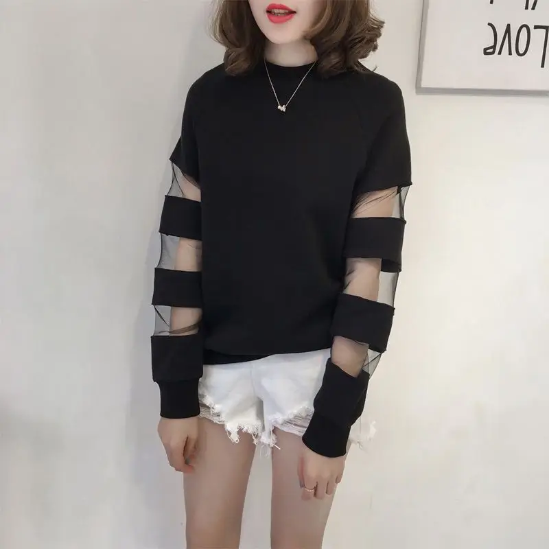 Fashion Korean Gauze Patchwork T-shirt Casual Female Clothing Solid Color All-match Long Sleeve Spring Autumn O-Neck Pullovers