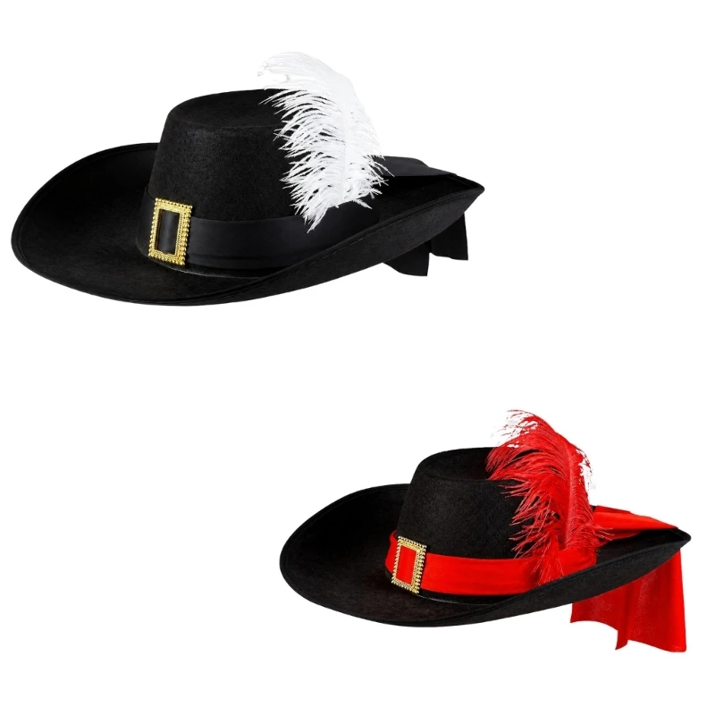 31BB Sombrero disfraz mosquetero perfil amplio con cortina trasera y acento rectangular para uso en escenario y juegos