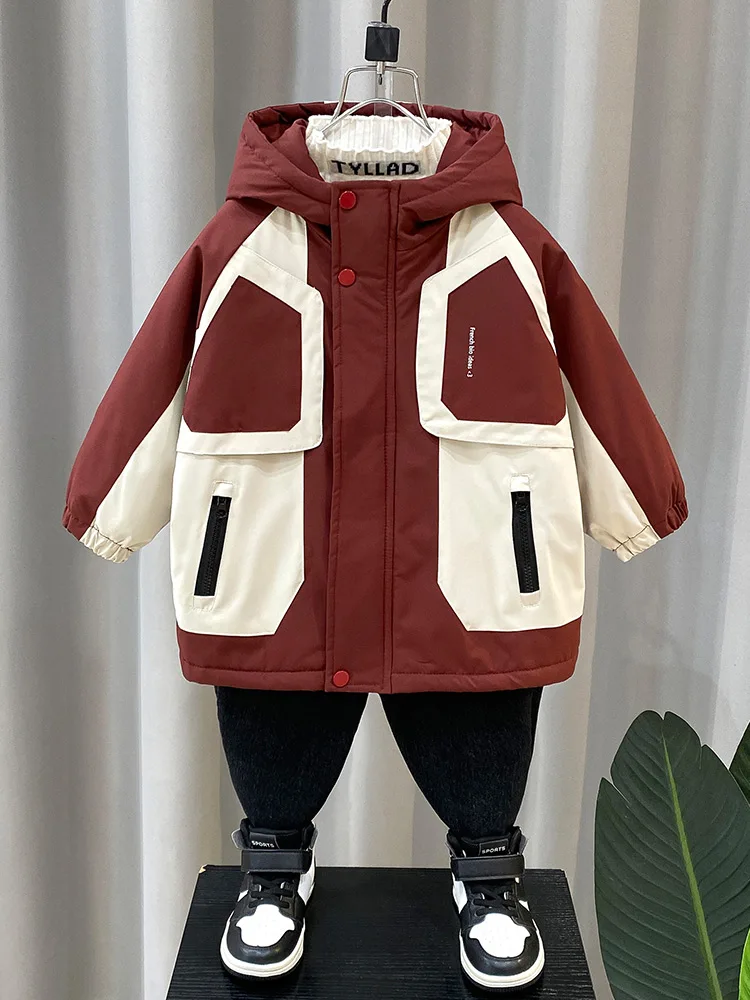 

Thiened Fce парка для мальчиков, зимняя одежда, модная верхняя одежда, молодежное теплое пальто со стоячим капюшоном и застежкой-молнией