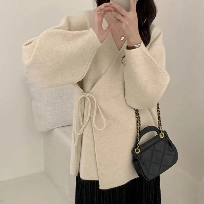 High quality and temperament sweater cardigan women clothing 2023 autumn/winter diagonal placket tied knit cardigan female