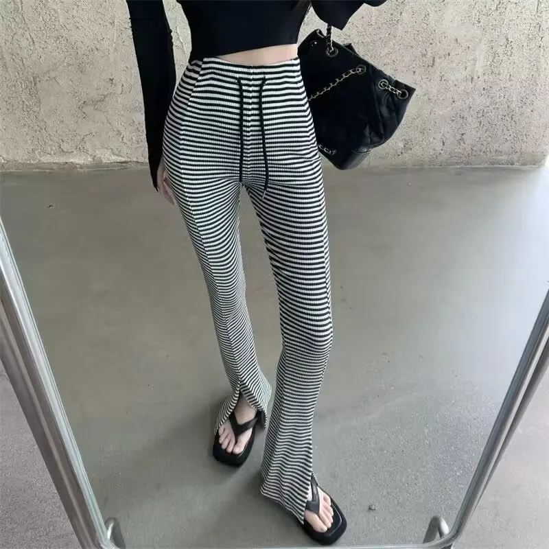 

Black and White Striped Knitted Stacked Pants Women Bottoms 2022 Streetwear Extra Long High Waist Flare Pants