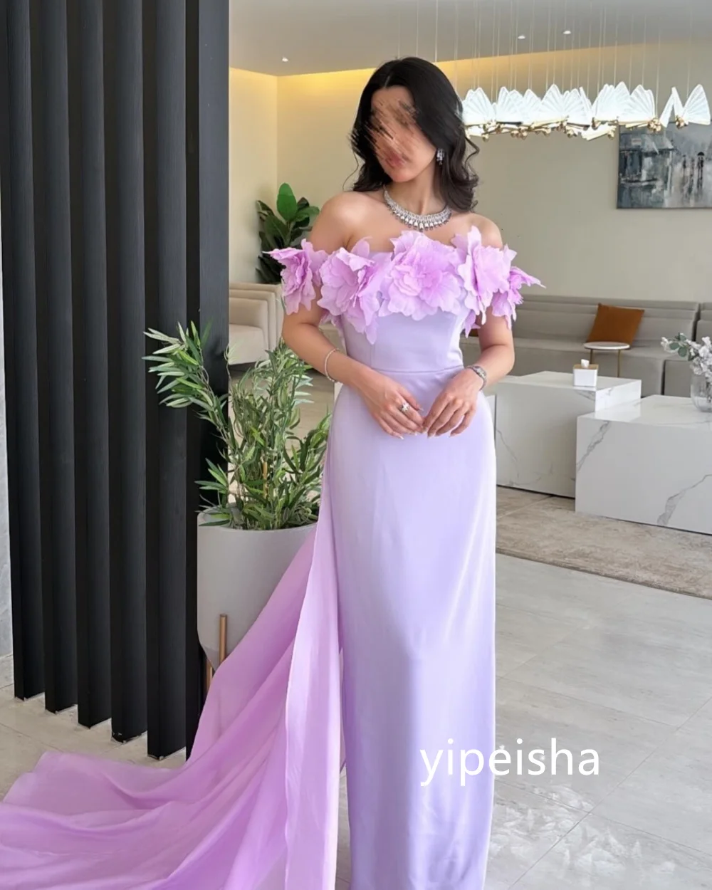 Personalizado requintado jérsei flor a linha fora do ombro vestidos midi vestidos de baile estilo moderno pastrol unisex estilo chinês f