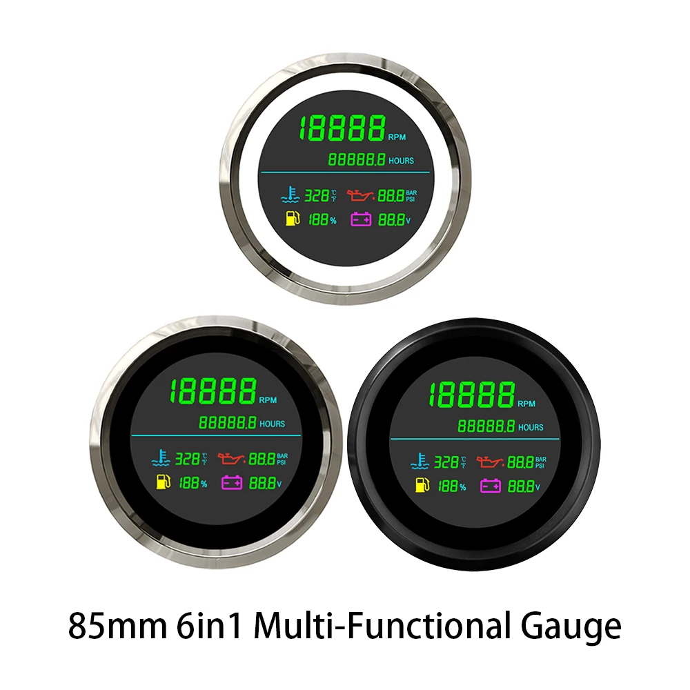 Rhaxel 85mm 6 in 1 Multifunctional Gauge Tachometer Fuel Level Water Temp Oil Pressure Voltmeter for Boat Car SUV Motorcycle