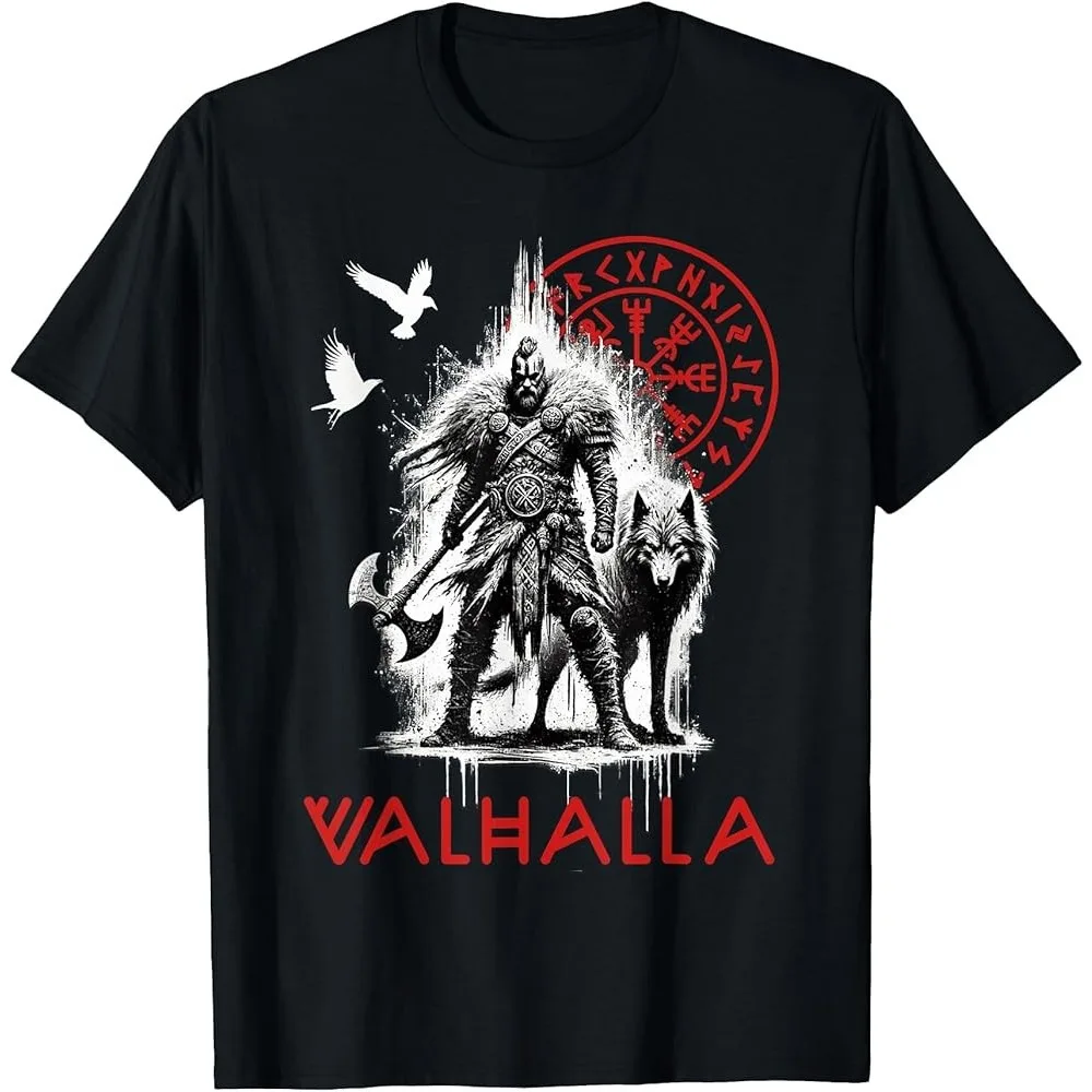 Valhalla  Wolf and Raven Viking Runes Norse Compass T-Shirt Warrior Culture Tshirt Retro Pattern Men Crewneck Cotton Tee Top