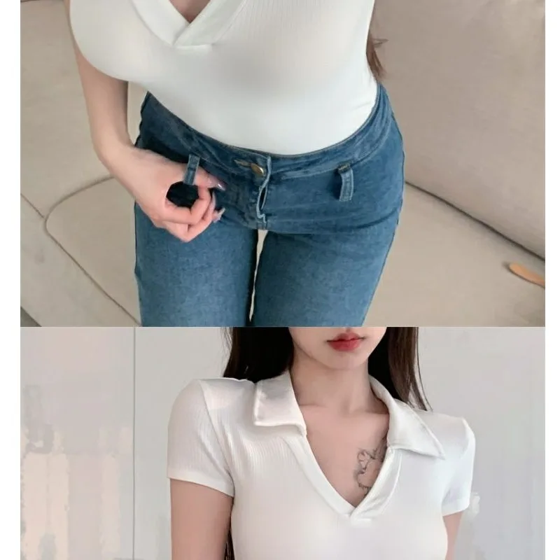 Women's Spring Autumn Tops Jacket Knitwear Flip Collar Splicing Placket Button Dew Navel Comfortable Thin Design Versatile Slim